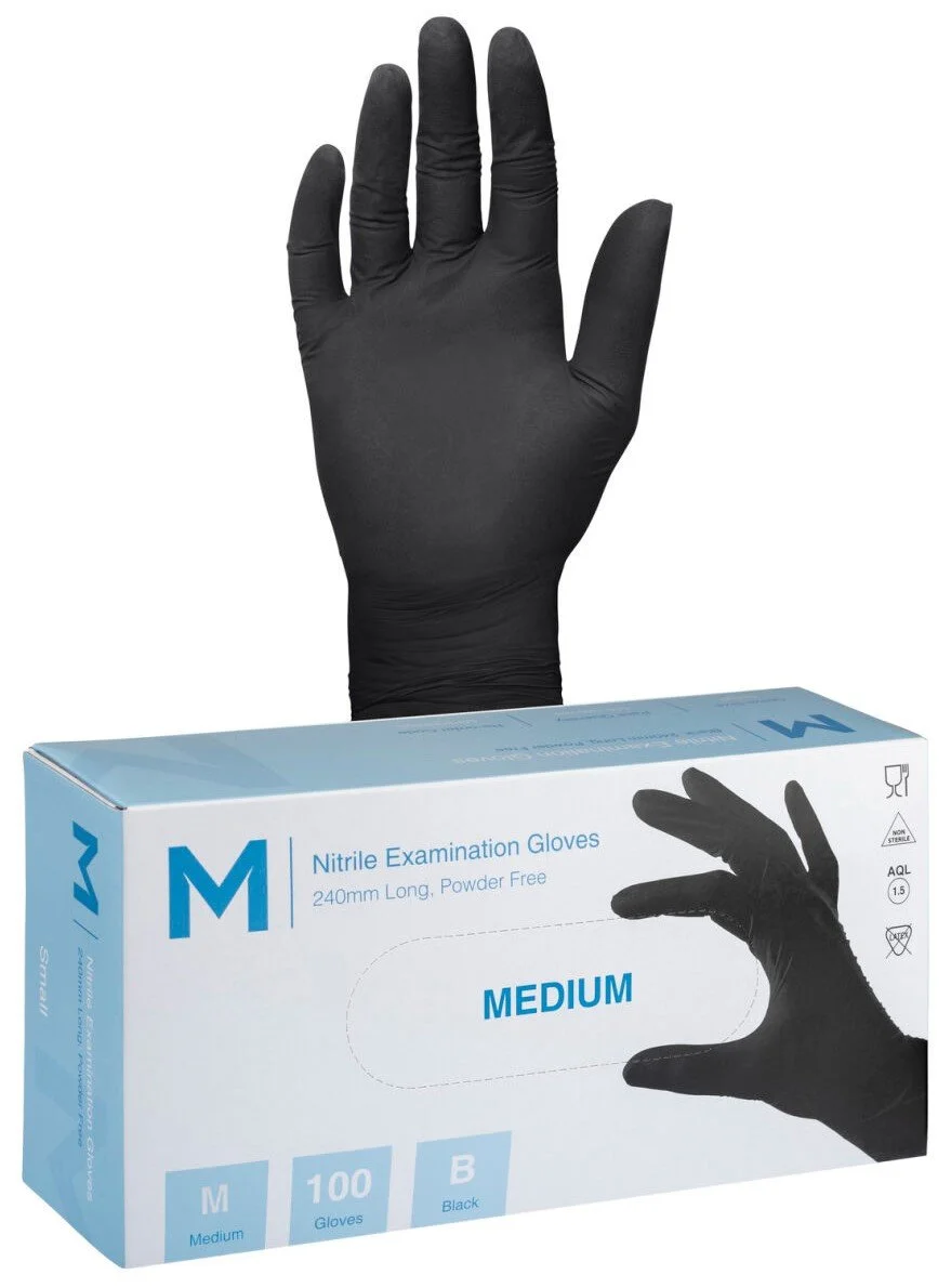 Nitrile Gloves Black, 240mm Cuff, 7.0g, Medium