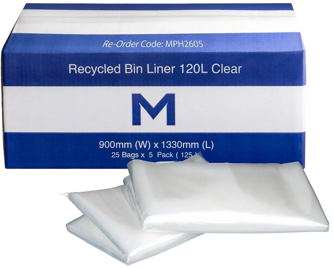 FP Recycled Bin Liner 120L Clear, 900mm x 1330mm x 50mu - 125 bags per box