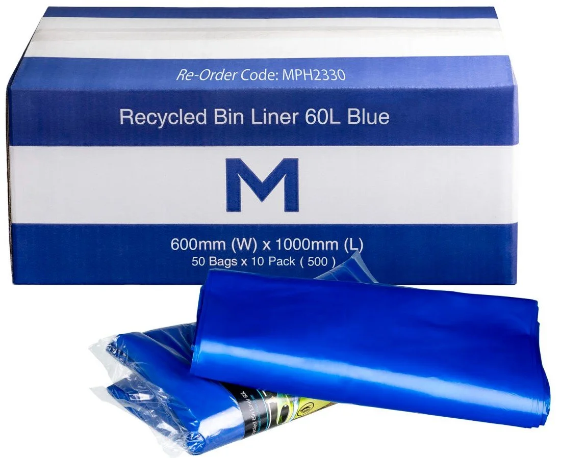 FP Recycled Bin Liner w/Handles 60L - Blue, 600mm x 1000mm x 30mu - Box of 500 bags