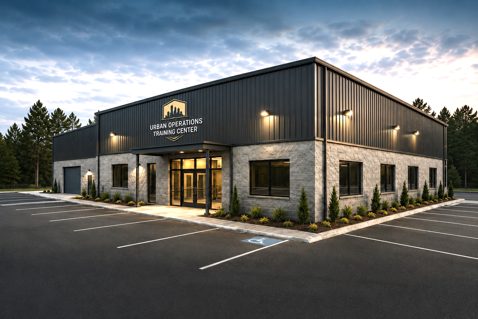 Modern two-story building labeled 'Urban Operations Training Center' with a parking lot and an accessible parking space, surrounded by trees.