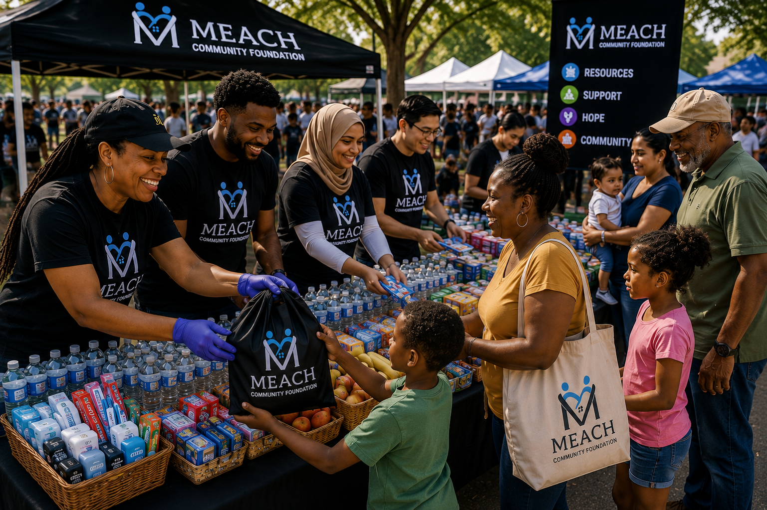 Community members receiving meals and supplies from volunteers at an outdoor event organized by MEACH Community Foundation, with tents and informational banners in the background.