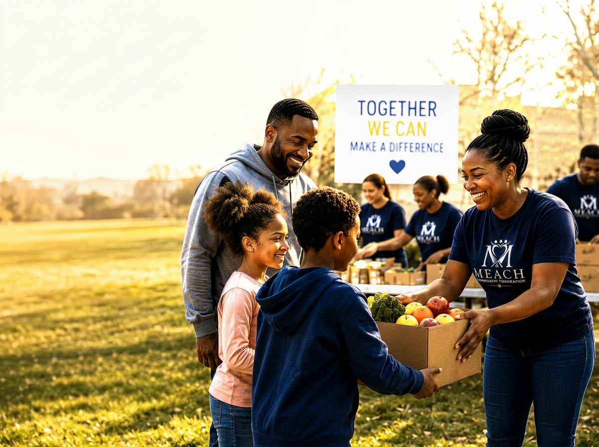 People at a community food drive, with a sign reading 'Together We Can Make a Difference,' as a woman hands a box of fruits and vegetables to a young boy, and others volunteer in the background.