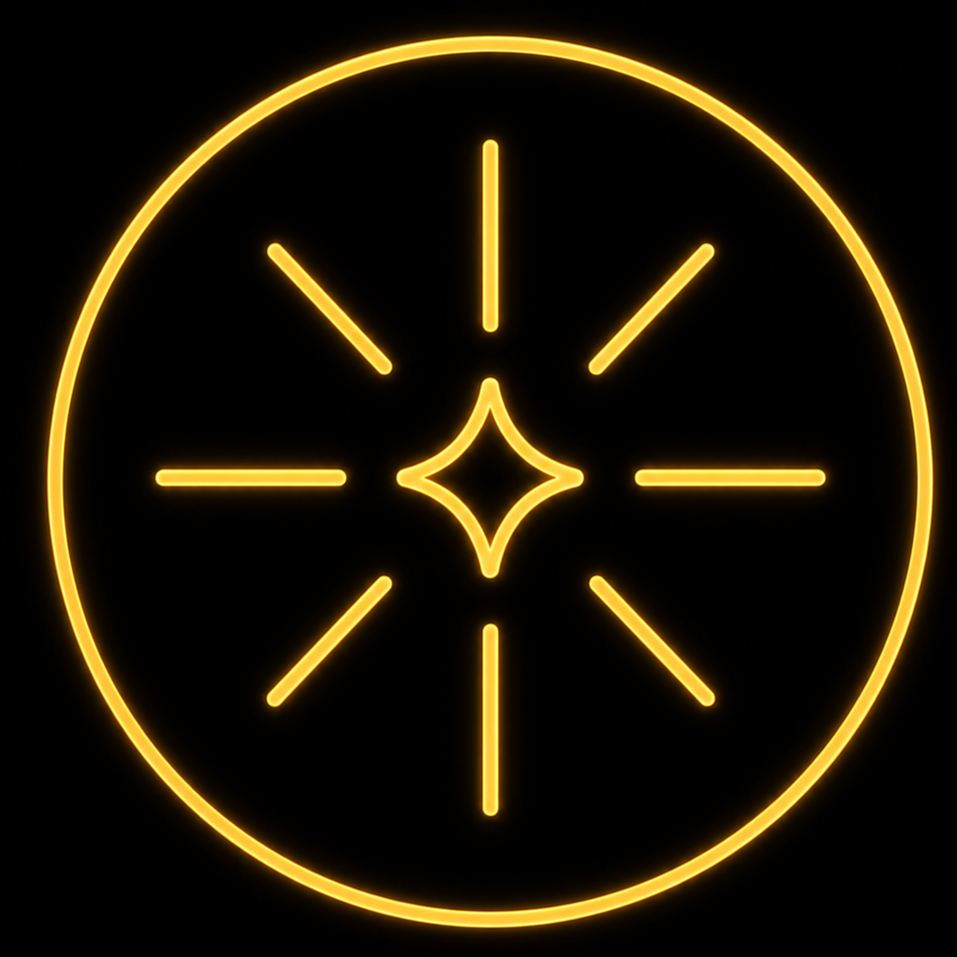 Neon yellow clock with a sunburst design on a black background.
