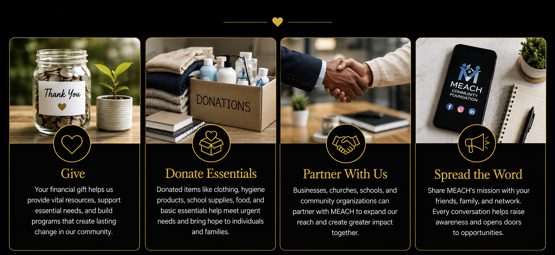 An infographic highlighting four ways to support a community foundation: give, donate essentials, partner with us, and spread the word. Each section shows a relevant image and a brief description, set against a black background with gold icons and text.