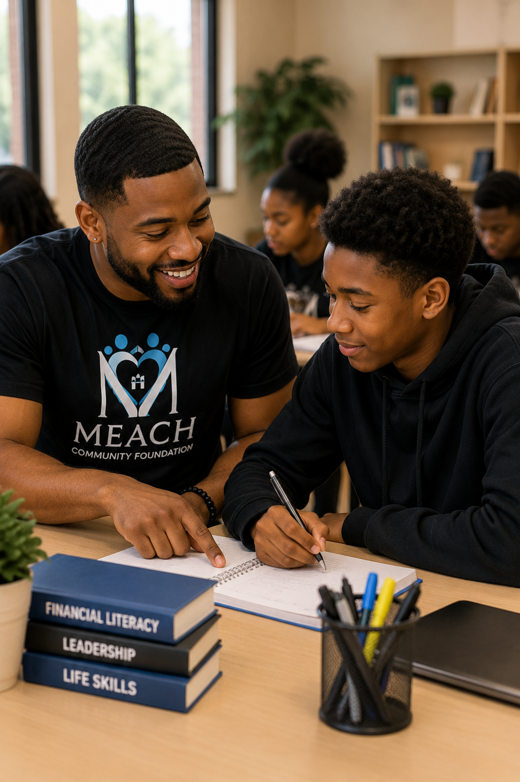 MEACH Community Foundation mentor helping a young man develop life skills and financial literacy.