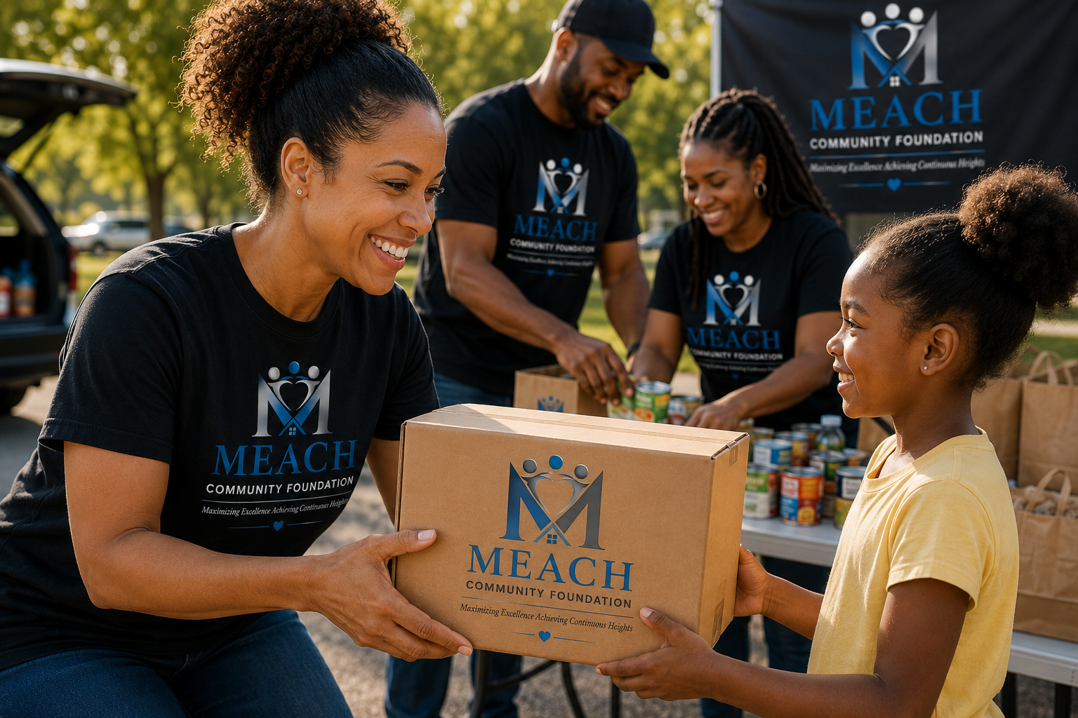 Four people volunteer at a community food drive, exchanging a box of canned goods, with a table of supplies behind them and a banner with the MEACH Community Foundation logo.