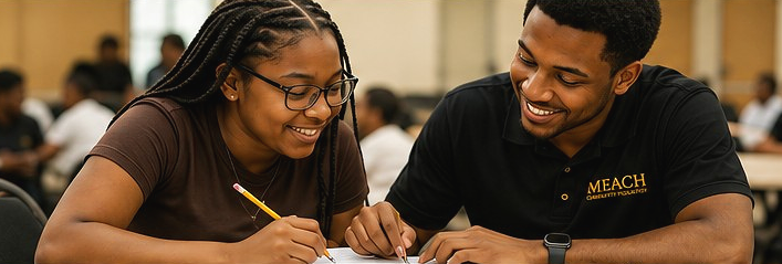 Two students, a young woman and a young man, smiling and working together at a table in a classroom or study area.