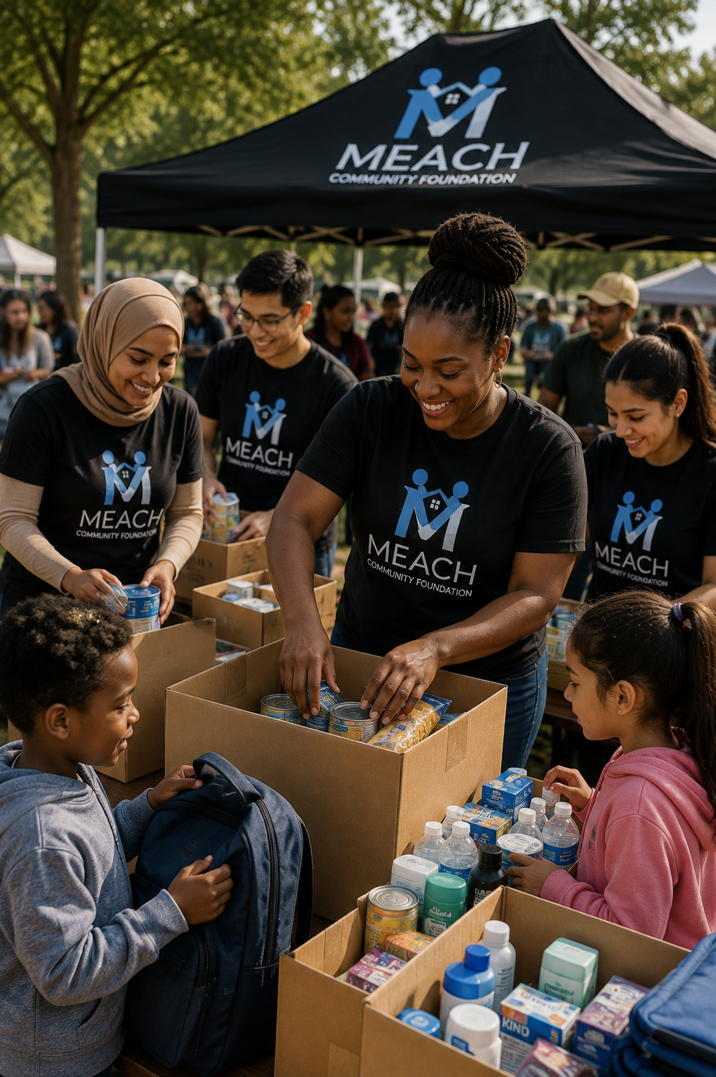 Group of volunteers at an outdoor food distribution event under a tent with MEACH Community Foundation logo, packing food and beverages for children.