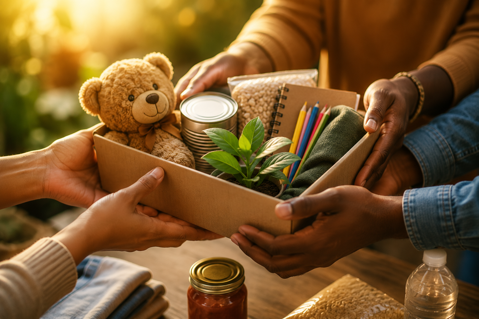 Two people exchanging a cardboard box filled with various items like a teddy bear, canned food, a potted plant, colored pencils, and a notebook, with sunlight in the background.