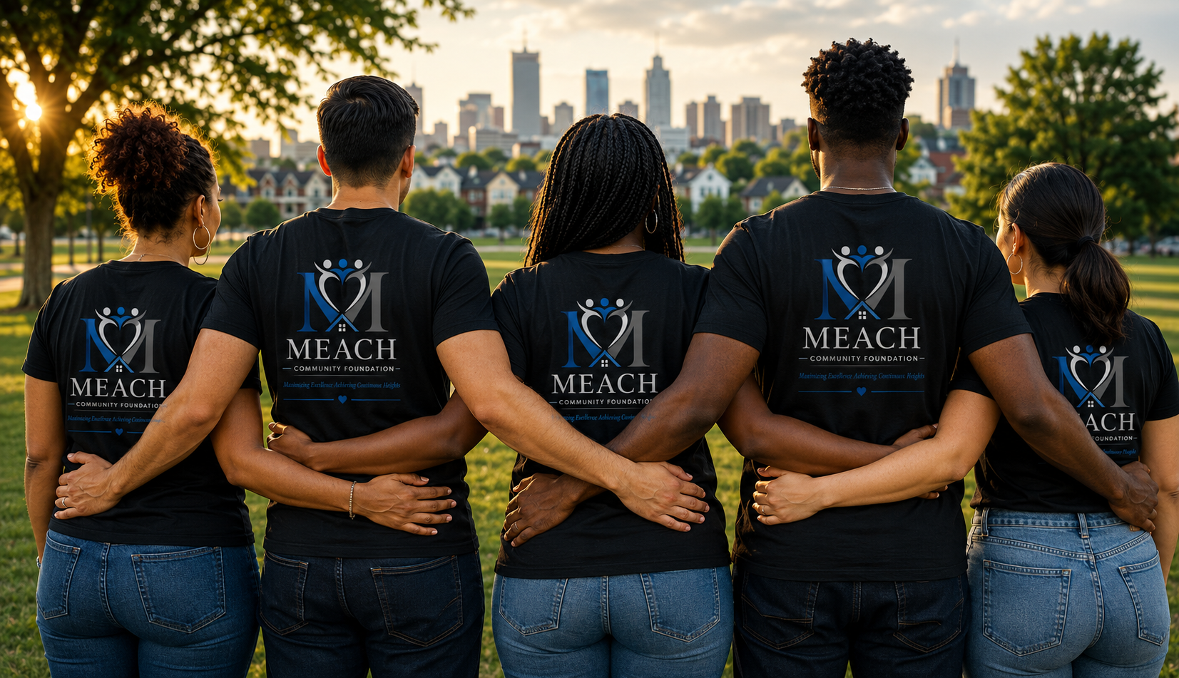 Group of five people standing outdoors in a park with a city skyline in the background, wearing matching black t-shirts that say 'MEACH Community Foundation' and have a logo with stylized figures and a heart, during sunset.