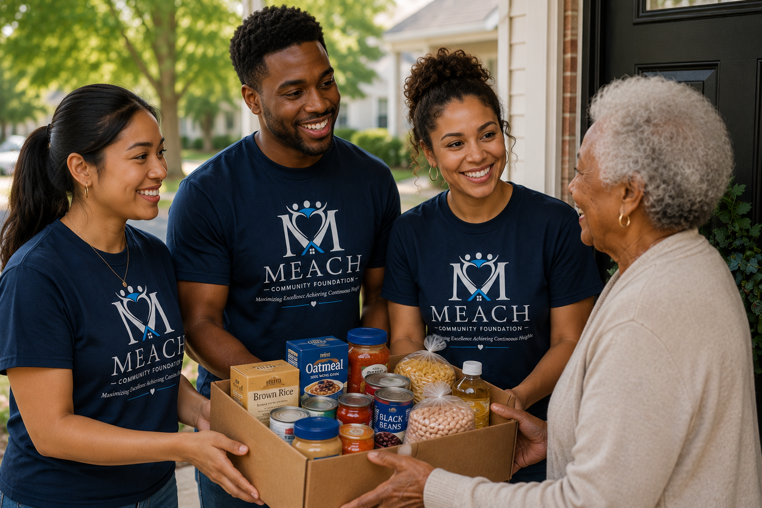 MEACH Community Foundation volunteers delivering food and essential groceries to a senior in the community.