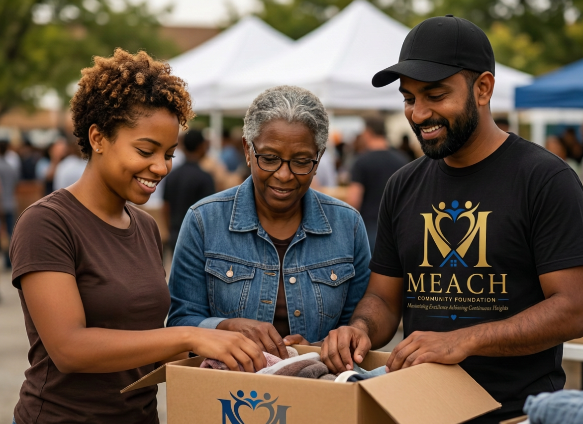 Three people, two women and one man, are smiling and looking into a cardboard box with clothes at an outdoor community event with white tents in the background.