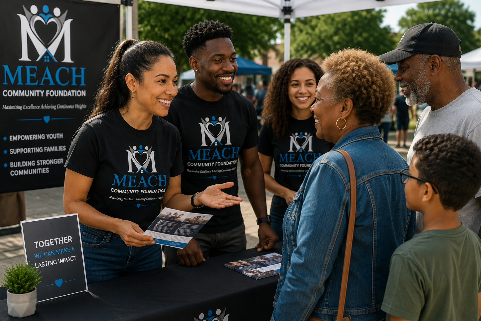 People wearing MEACH Community Foundation t-shirts talking at an outdoor event with a banner in the background and a table with pamphlets and a small potted plant.