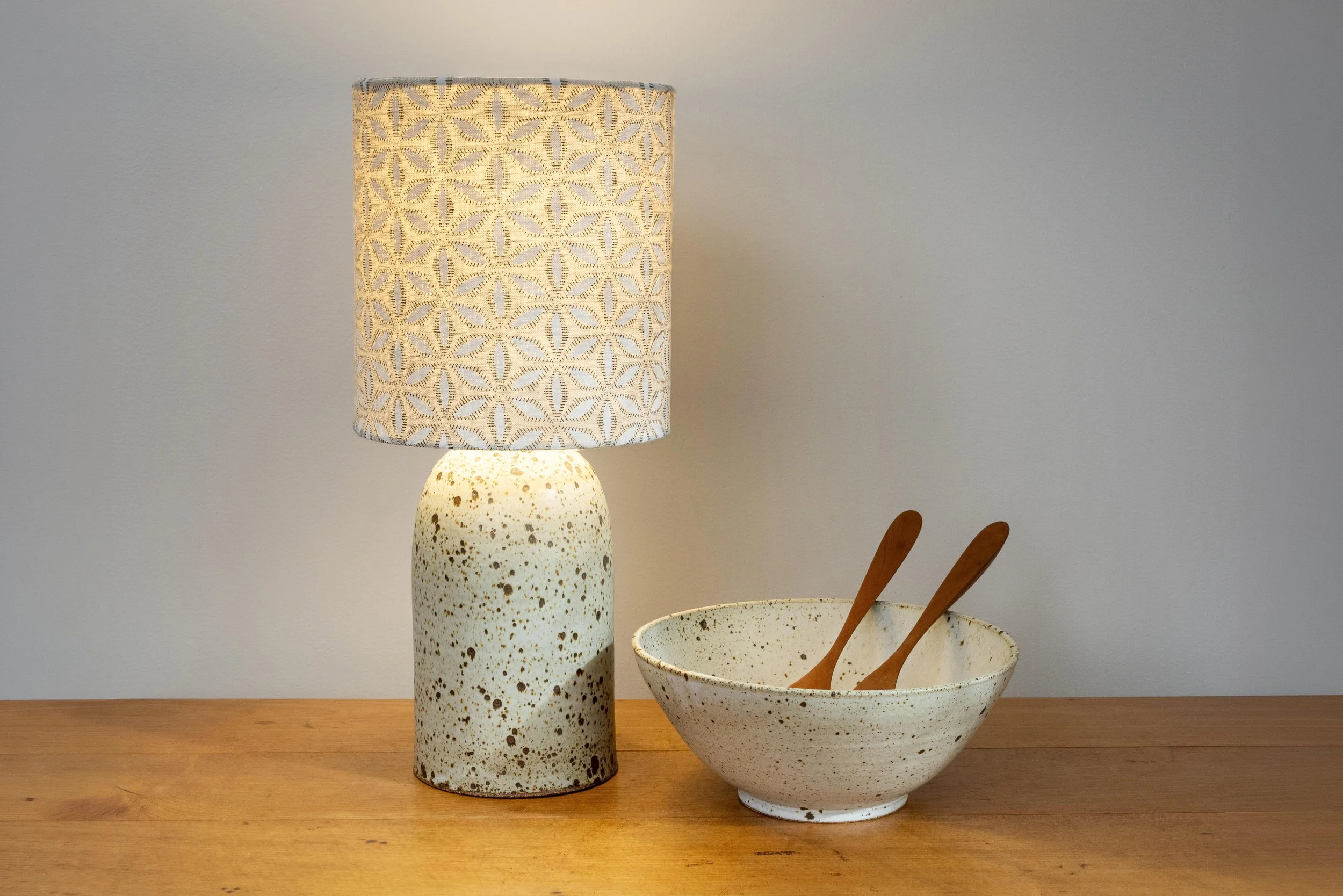 White speckled matt lamp with linen handblocked shade