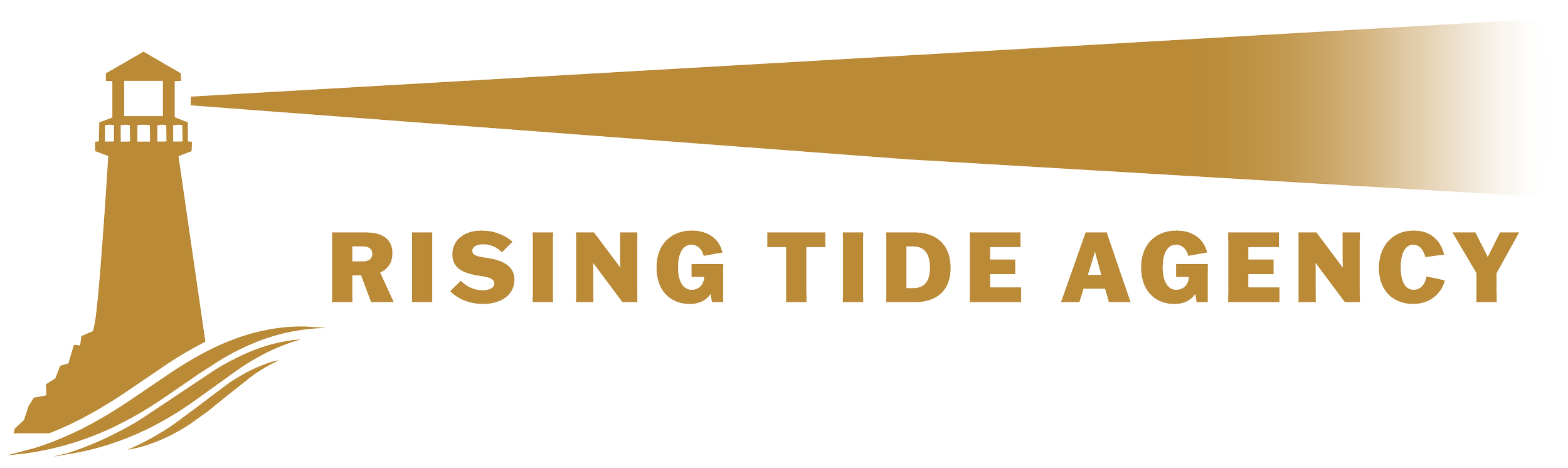 Logo with a lighthouse emitting a beam of light that reads 'RISING TIDE AGENCY' in brown text.
