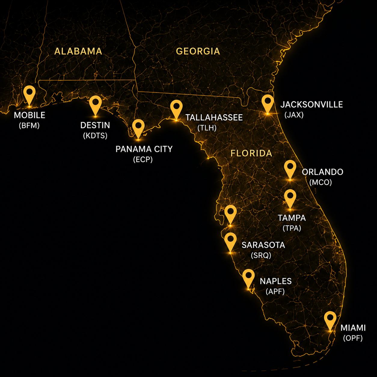 Map of Florida with airport locations marked, including Miami, Naples, Sarasota, Tampa, Orlando, Jacksonville, Tallahassee, Panama City, Destin, Mobile, and others, connected by illuminated lines.