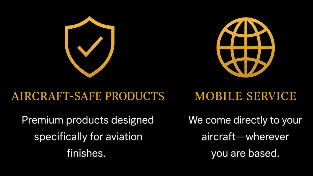 Graphics with icons and text highlighting aircraft-safe products and mobile service. The left icon is a shield with a checkmark, and the right icon is a globe. The text discusses premium aviation products and on-site aircraft service.