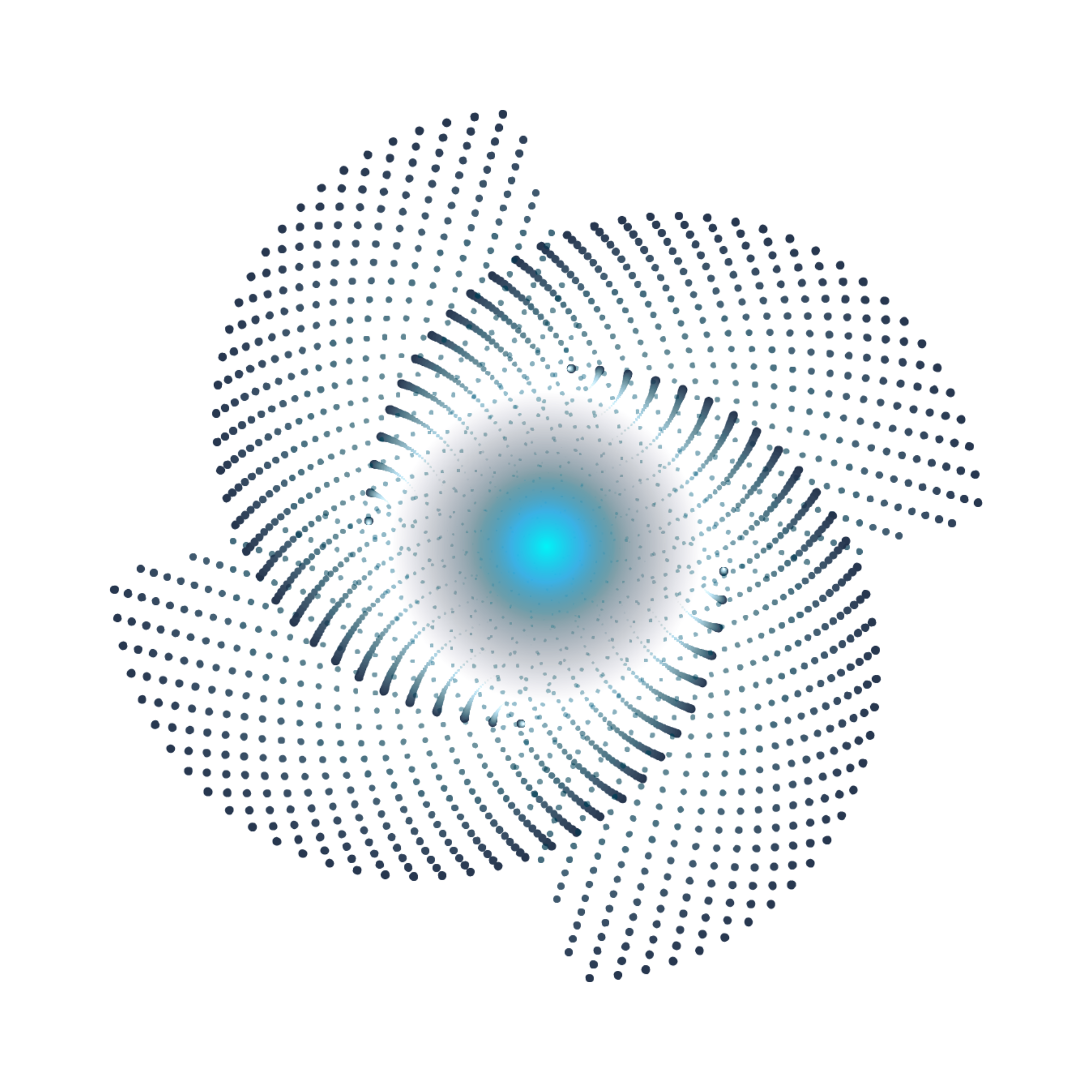 Abstract 3D dotted sphere with a blue light at the center on a white background.