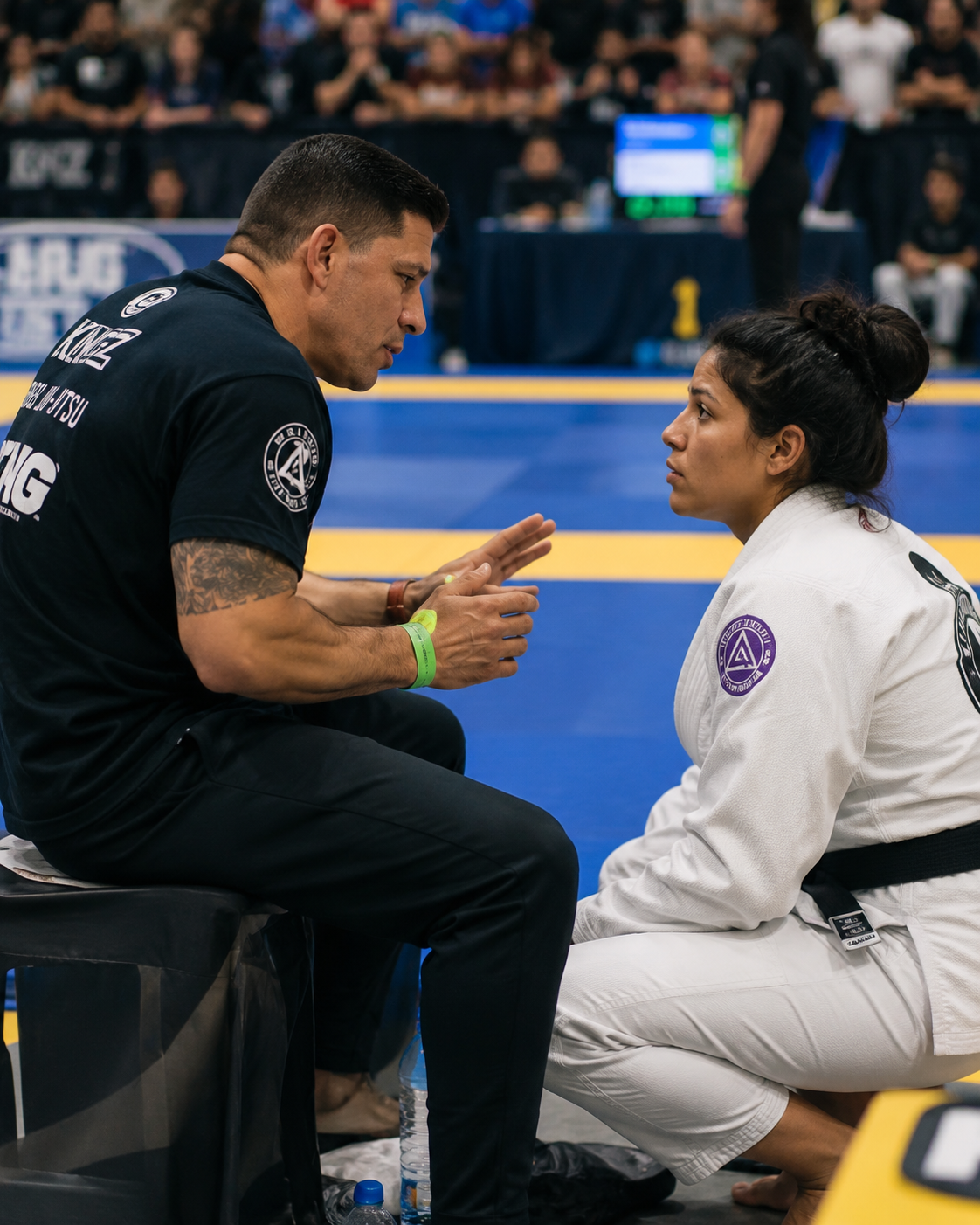 A male Brazilian Jiu-Jitsu coach in black uniform giving instructions to a female competitor in a white uniform during a competition.