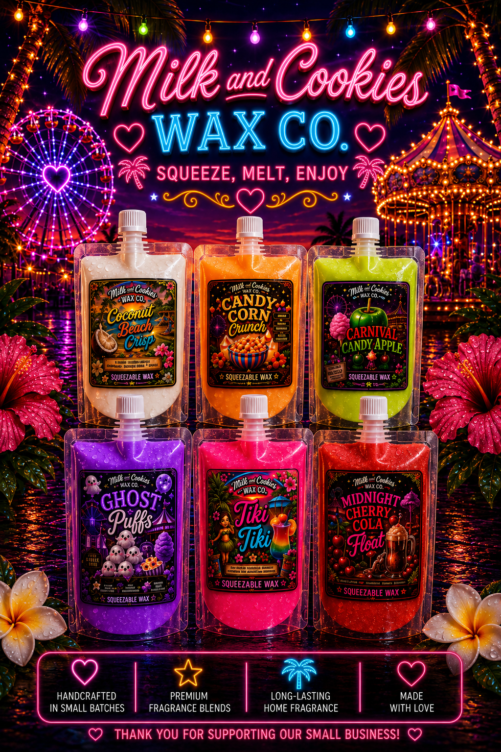 Colorful neon sign for Milk and Cookies Wax Co. with candles and tropical decorations, showcasing six different scented wax melts in squeeze tubes with vibrant labels, set against a festive amusement park background.
