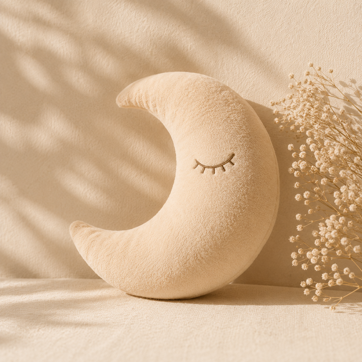 A plush crescent moon pillow with embroidered closed eye and eyelashes, placed on a light-colored surface with dried white flowers on the right side.