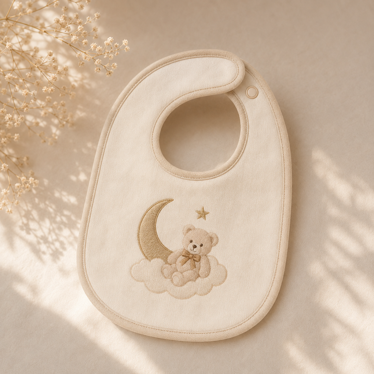 Cream-colored baby bib with embroidered teddy bear sitting on clouds, moon, and star, placed on a beige surface with dried flowers nearby.