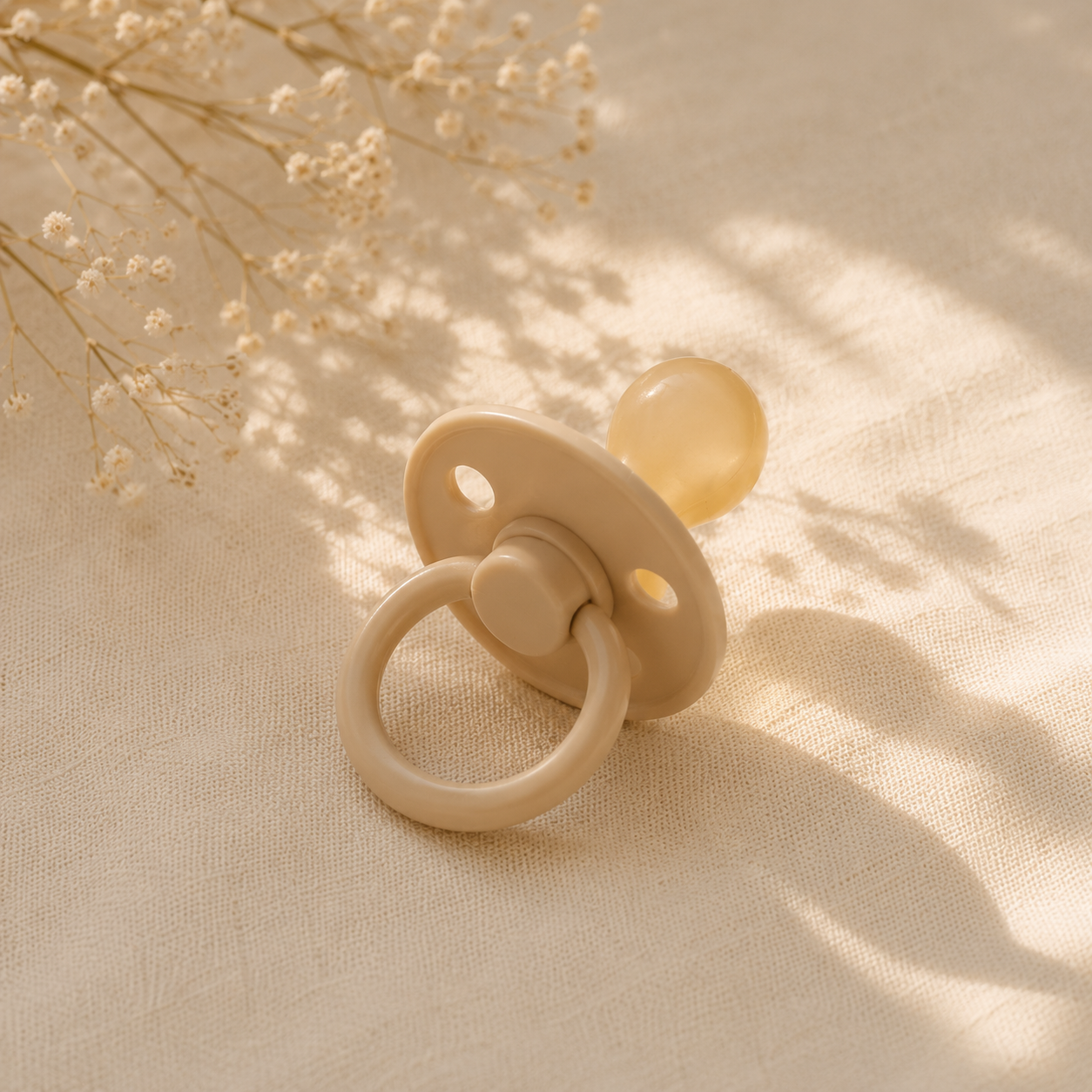 A beige baby pacifier resting on a cream-colored textured fabric surface with dried baby's breath flowers casting shadows nearby.