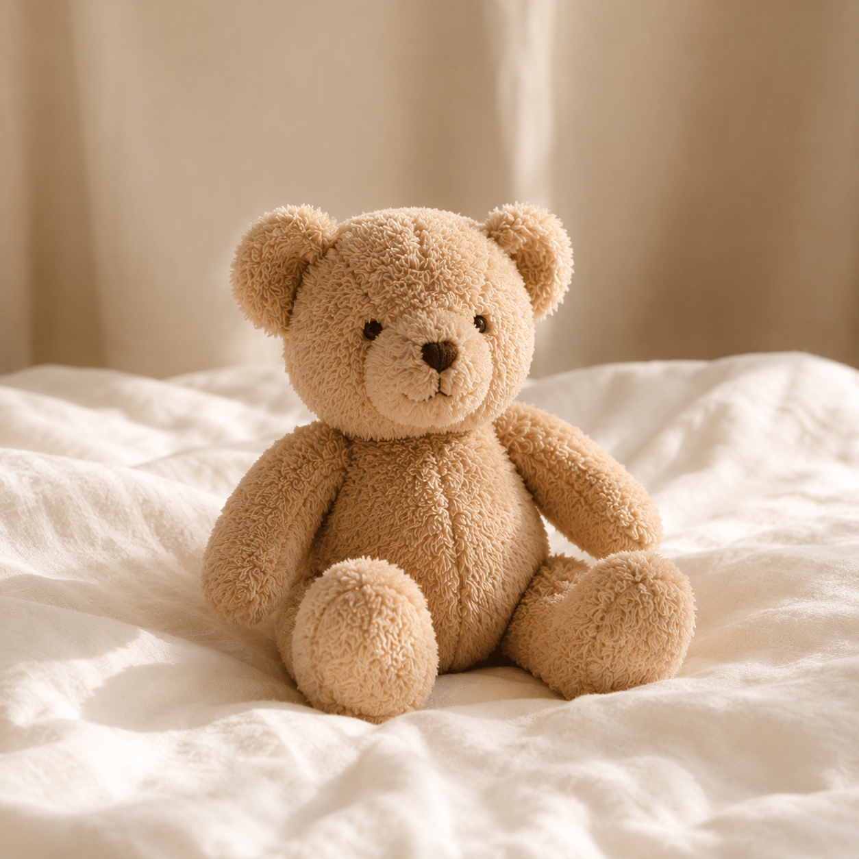 A beige teddy bear with a textured, curly fur sitting on a white bed with soft natural light