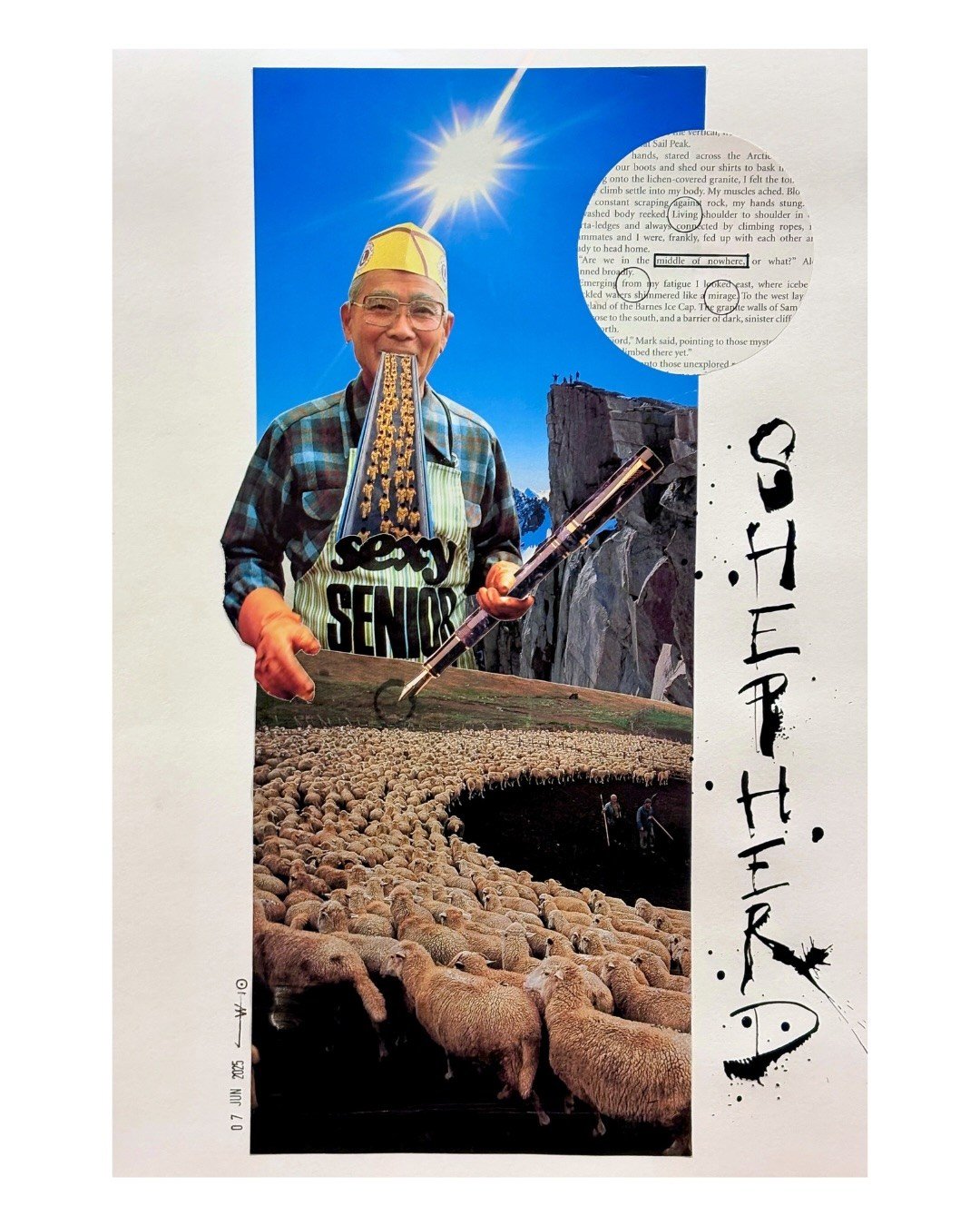 Sexy Senior Shepherd Sizeably Signs Sheep. A collage. And some ink. 
.
#collage #surrealcollage #mixedmedia #artwork #australianartist