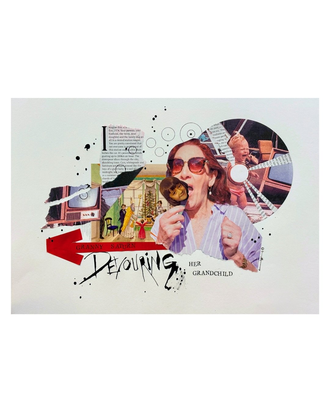 Remember that Christmas when Granny Saturn came over and devoured her granddaughter? Really put a dampener on the day. 
.
#collage #surrealcollage #mixedmedia #artwork #australianart