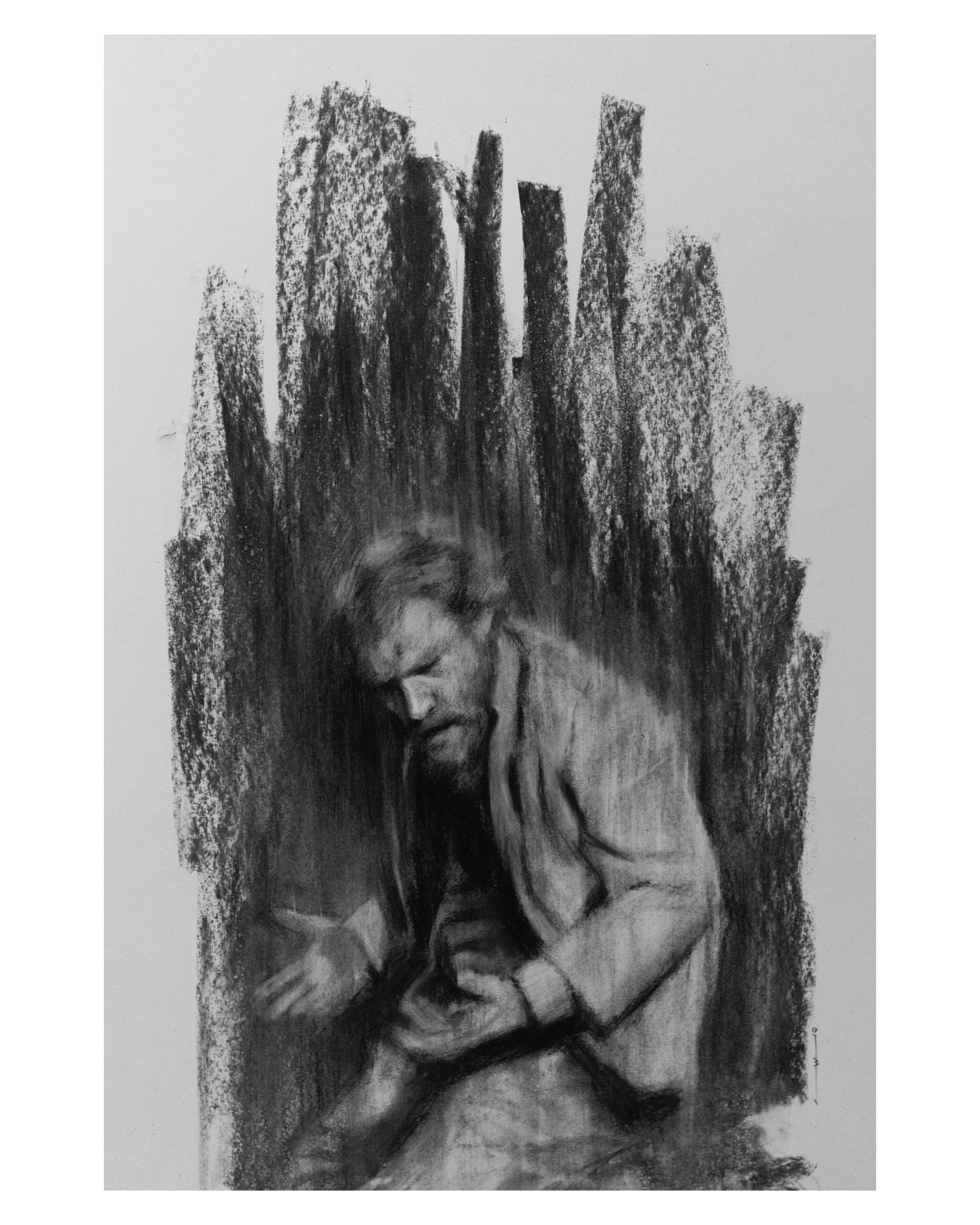 In the rain. Charcoal on paper. I wanted the figure to feel as though he was emerging from the dark, or slowly being swallowed by it.
.
#charcoaldrawing #figurativeart #portraitart #contemporarydrawing #australianartist