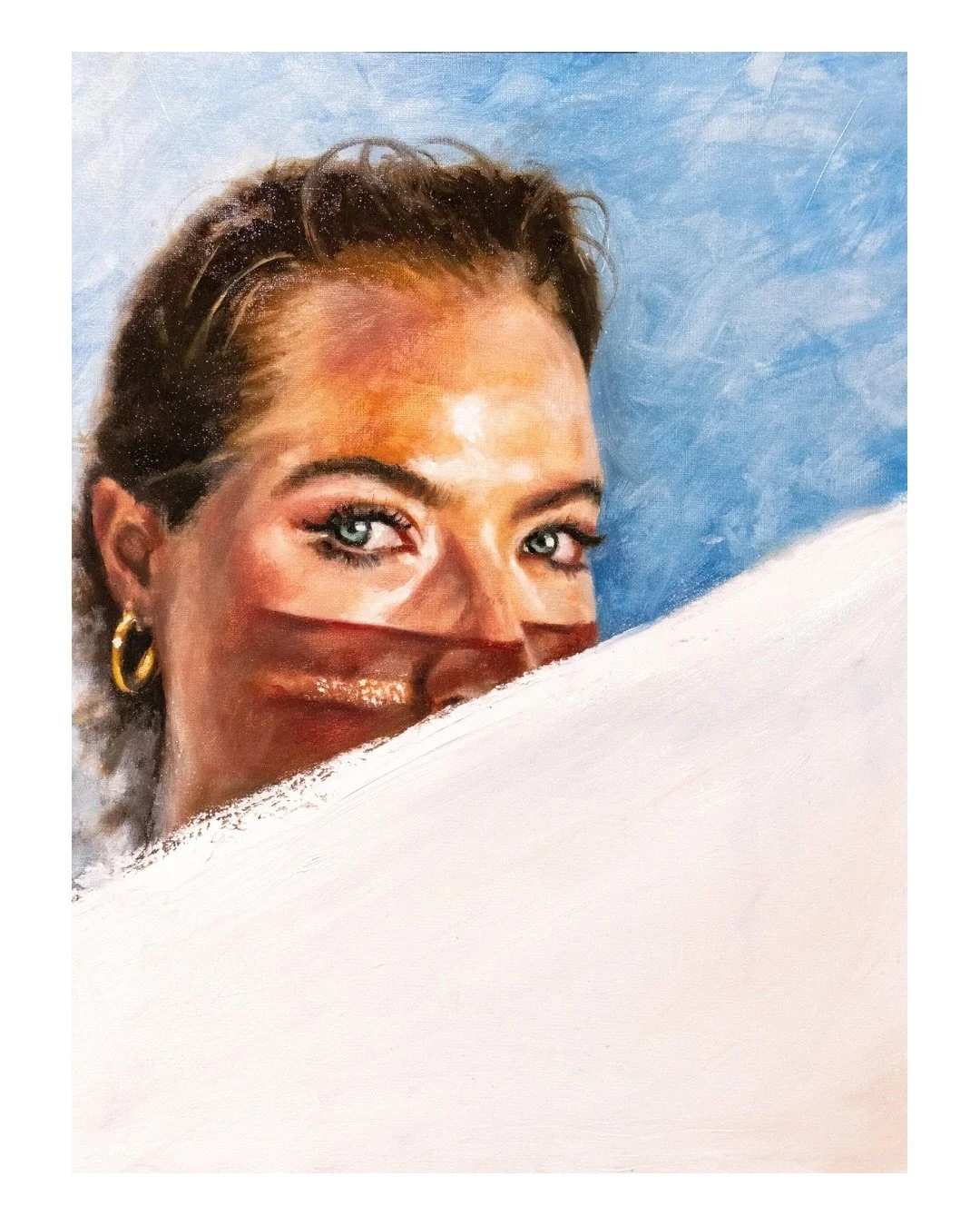 I painted someone hanging out the washing.

I don&rsquo;t think a painting always needs a big backstory. I just liked the composition and the idea of someone disappearing behind a sunlit bedsheet. Plus it means I couldn&rsquo;t mess up the mouth. 

H