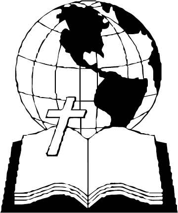 Graphic of a globe with North America visible, a cross, and an open book in front.