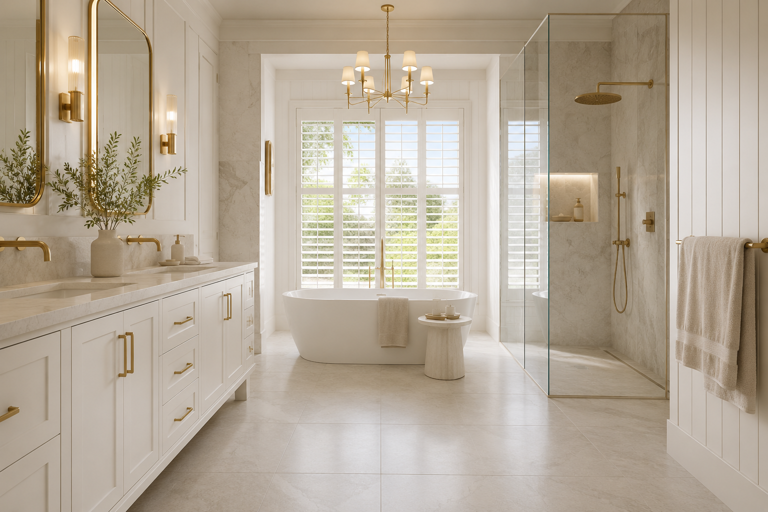 Bright bathroom with a standalone bathtub, a double vanity with gold fixtures, a glass-enclosed shower, and large windows with white shutters.