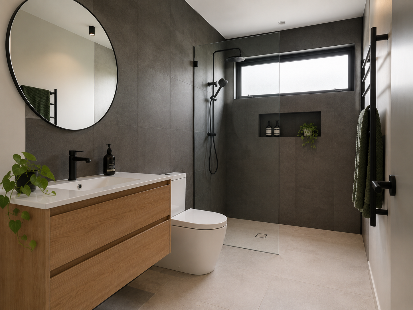 Modern bathroom with a wooden vanity, round mirror, black fixtures, white toilet, walk-in shower with black shower head, and a window with frosted glass