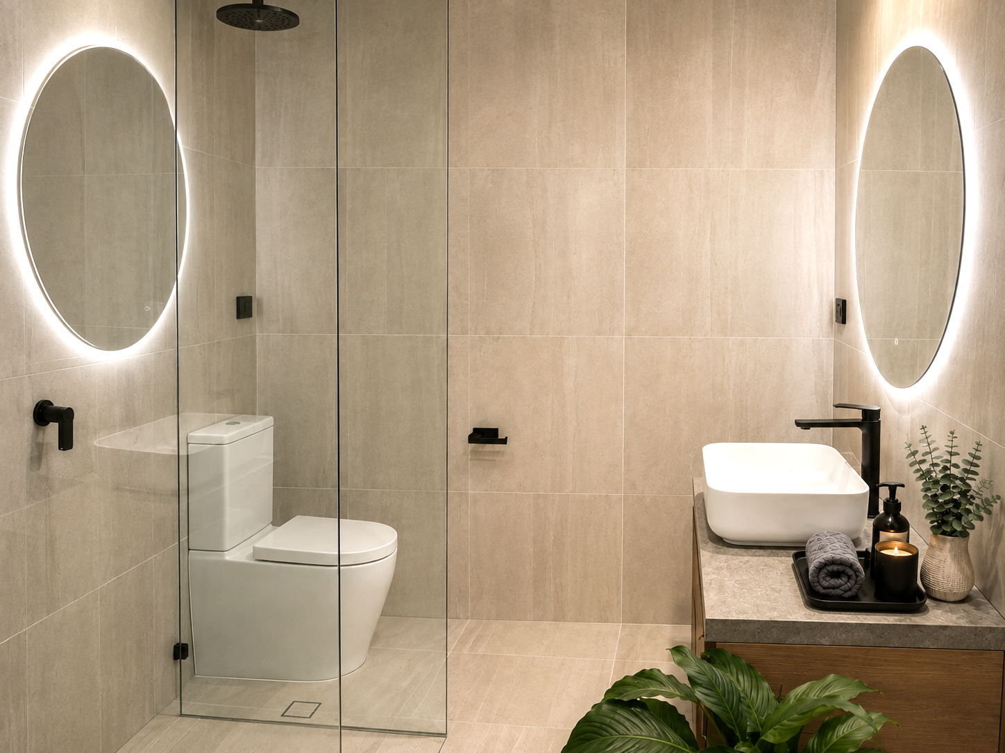 Modern minimalistic bathroom featuring a walk-in shower with glass partition, a wall-mounted toilet, illuminated oval mirrors, a vessel sink with black fixtures, a candle, rolled towel, soap dispenser, and a potted plant.