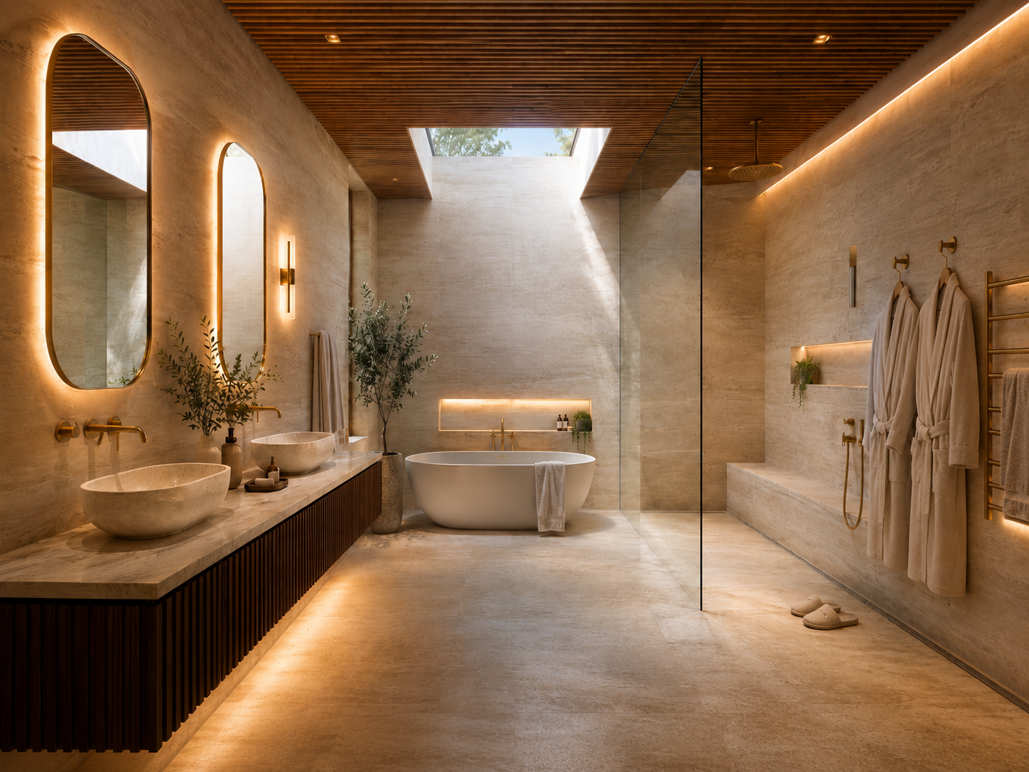 Modern bathroom with beige stone walls and floor, wooden ceiling, illuminated mirrors, double sinks, freestanding bathtub, potted plants, glass shower enclosure, and plush robes hanging on a rack.
