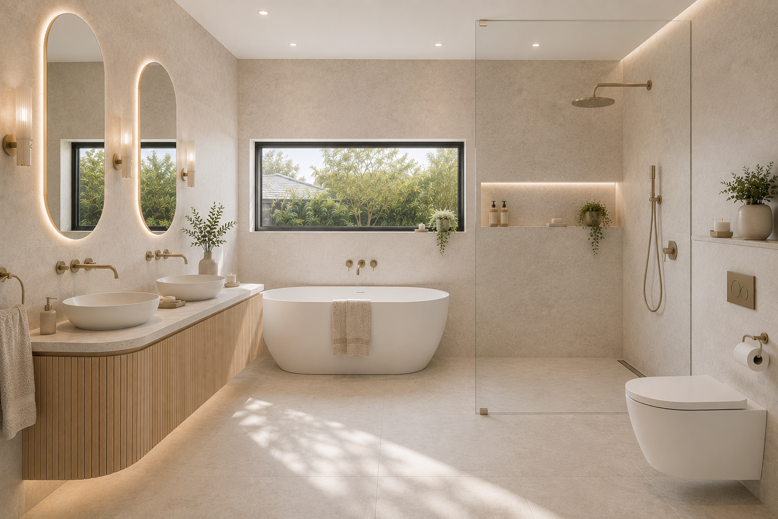 Modern bathroom featuring two vessel sinks with gold fixtures, a freestanding bathtub, a walk-in shower with a glass partition, a wall-mounted toilet, and minimalist decor including potted plants and candles, with natural light coming through a large
