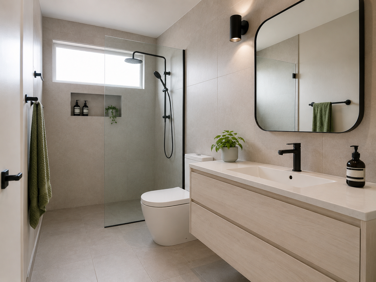Modern beige bathroom with walk-in shower, wall-mounted toilet, floating vanity with a sink, large mirror, and potted plant.