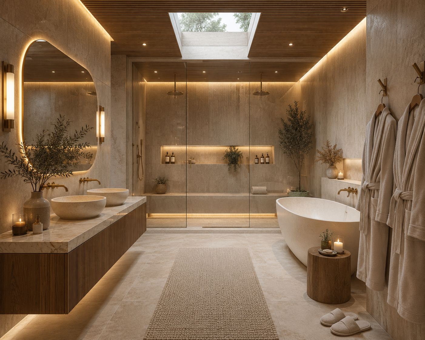 A modern, luxurious bathroom featuring a freestanding bathtub, a double sink vanity with rounded bowls, a large mirror, and natural decor including potted plants and candles. The room has a skylight and warm lighting with wood accents.
