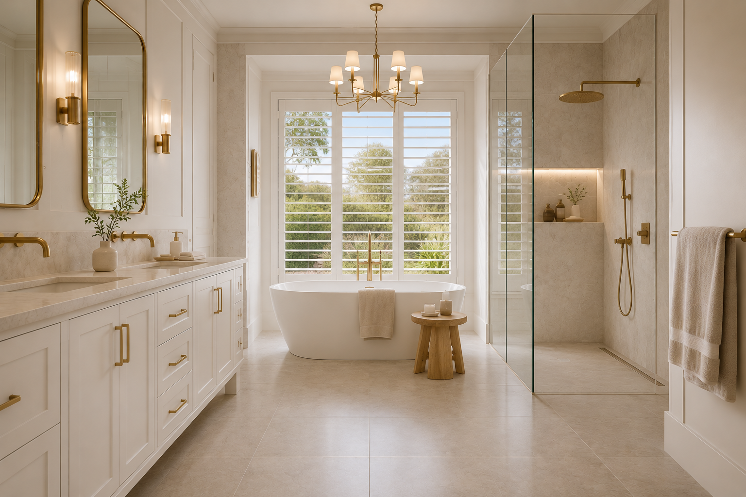 Modern bathroom with a large window, freestanding bathtub, double vanity with gold fixtures, walk-in shower with glass enclosure, and minimalist decor in neutral tones.