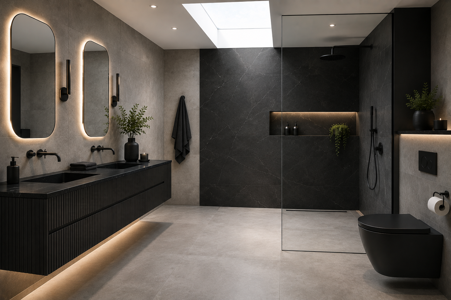 Modern bathroom with double vanity, illuminated mirrors, black fixtures, a walk-in shower with black and gray tiles, a black toilet, and minimalist decor.