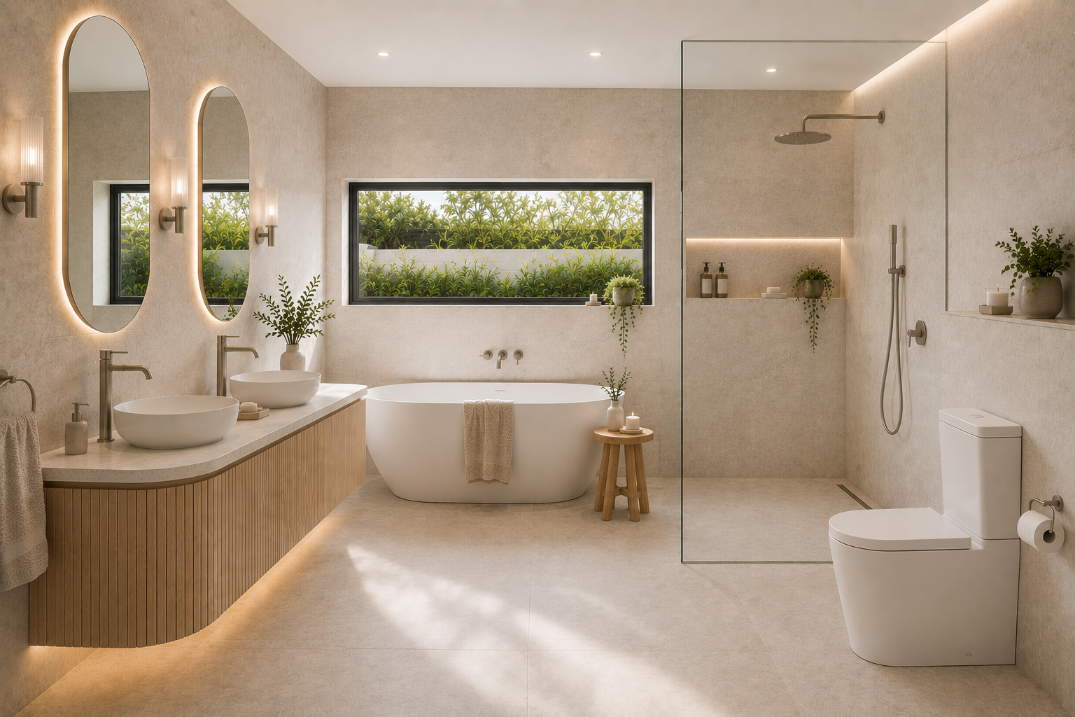 Modern bathroom with dual sinks, a freestanding bathtub, a walk-in shower with a glass partition, and a toilet. Decorated with green plants and illuminated with warm lighting.