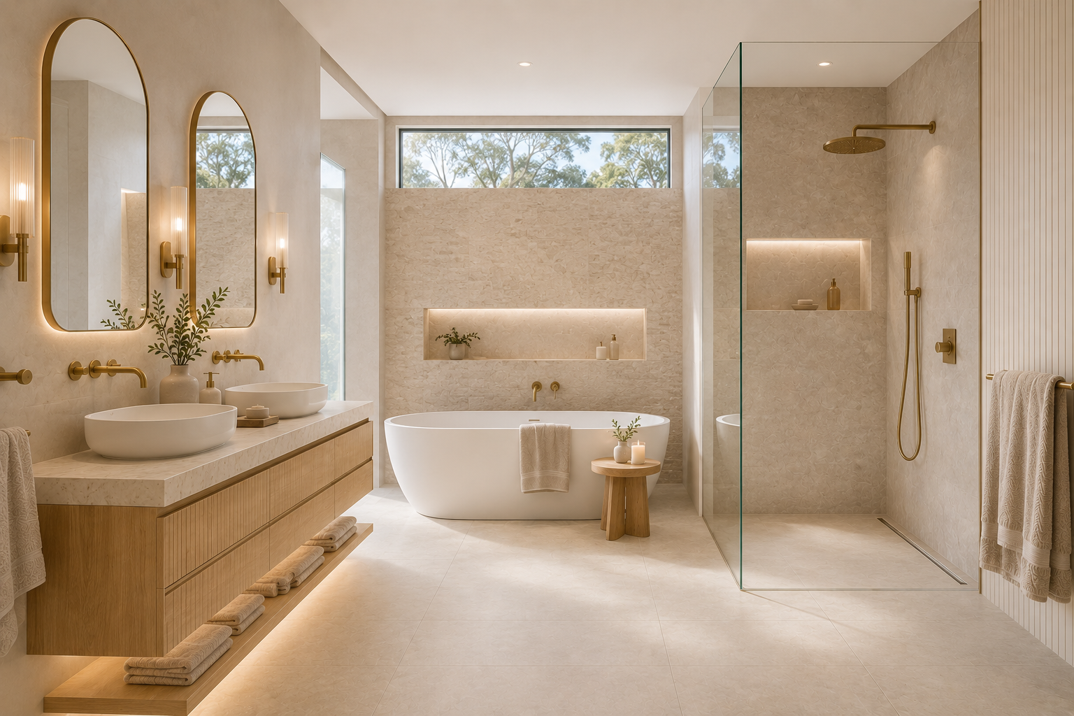 Modern bathroom with dual vanity, freestanding bathtub, glass-enclosed shower, and large window