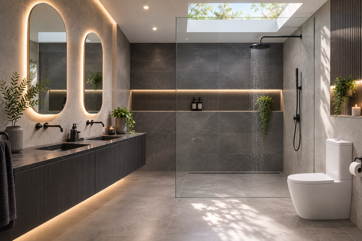 Modern bathroom with double vanity, illuminated mirrors, potted plants, and a walk-in shower with rainfall showerhead, gray and beige tiles, a toilet, and natural light from skylight.