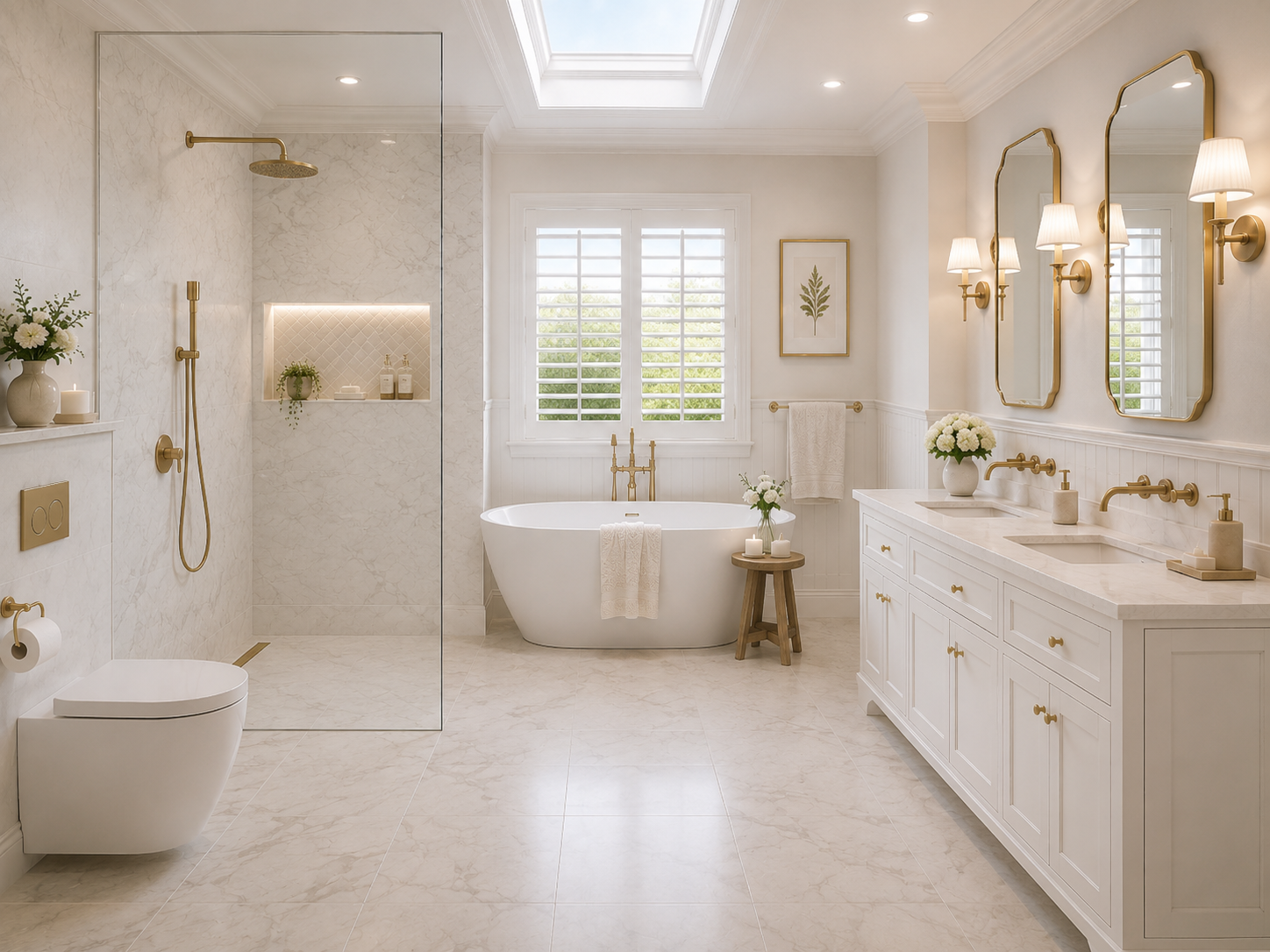 Bright and elegant bathroom with a white freestanding bathtub, a double vanity with gold fixtures, a walk-in shower with gold fixtures, a window with shutters, and beige marble flooring and walls.