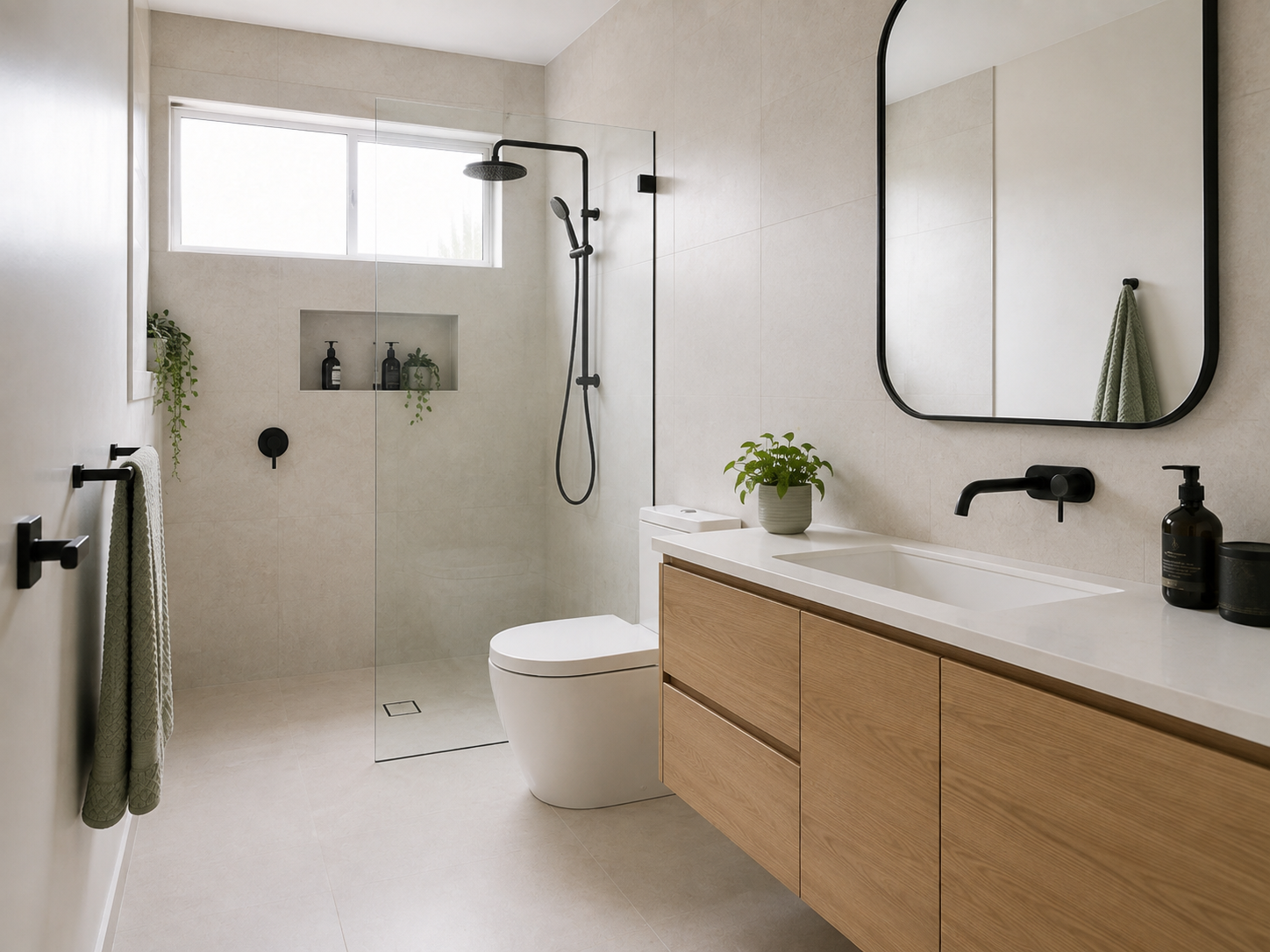 Modern bathroom with a walk-in shower, wooden vanity with a sink, and a mirror. Black fixtures, green plants, and a large window.