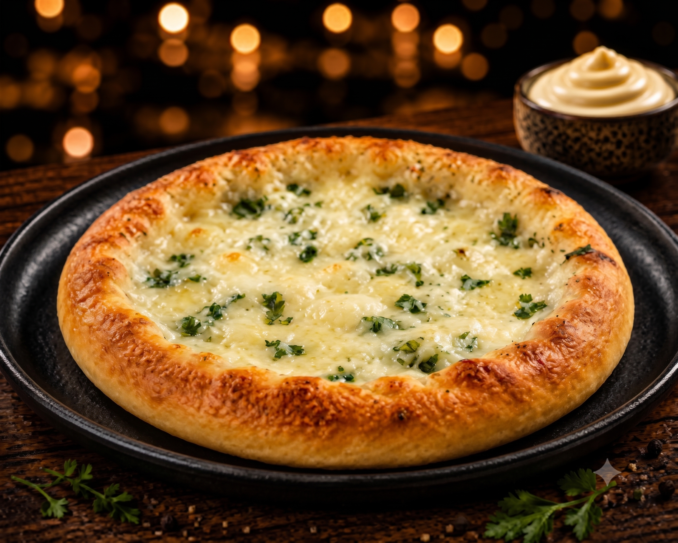 A cheese pizza with a golden crust, melted cheese, and green herbs on top, served in a black skillet. In the background, there is a small bowl of creamy white dipping sauce and a dark, bokeh-lit background.
