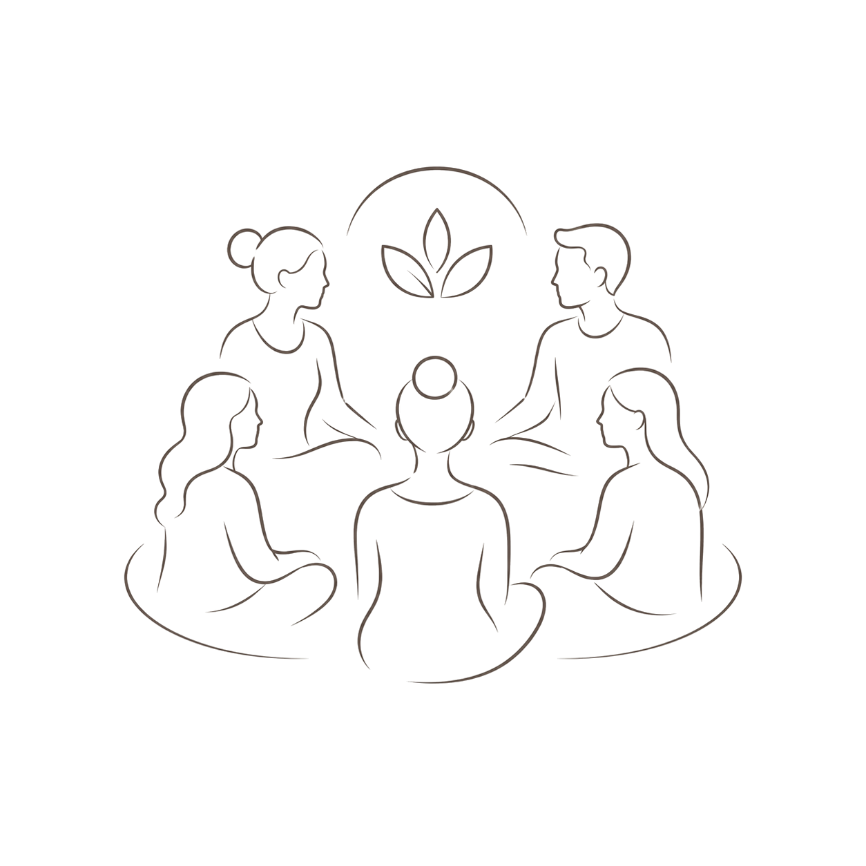 Line drawing of five people sitting in a circle with a plant symbol above them, representing a meditation or wellness group.