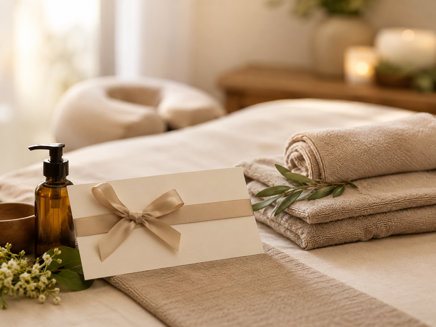 Spa or massage room with neatly folded towels, a gift card with a ribbon, and spa items like a soap dispenser, greenery, and candles in the background, creating a relaxing atmosphere.